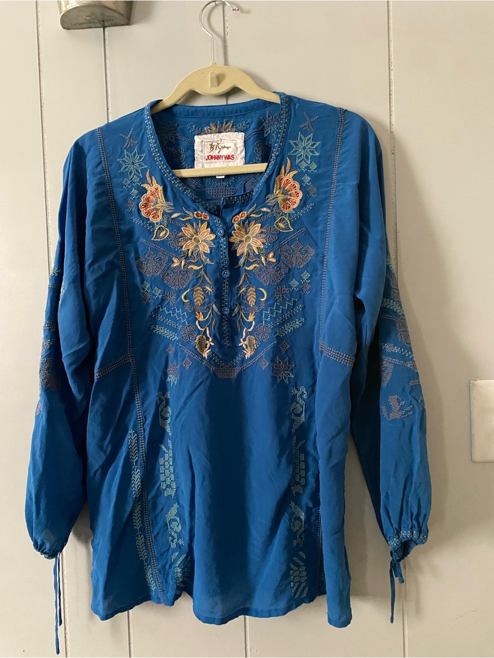 Johnny Was Blue Embroidered Tunic Top with Floral Neckline